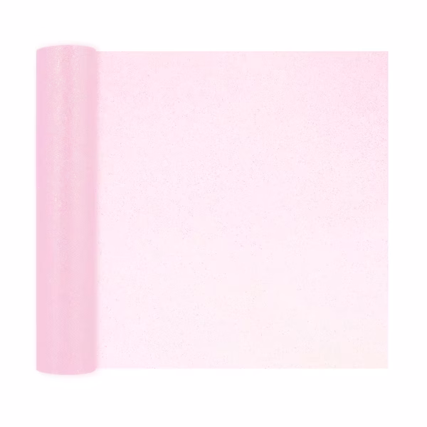 Rola Tul Roz Deschis Cu Sclipici 30cm x 9m Rola de tul roz deschis cu sclipici desfacuta partial pentru a arata textura pretioasa si latimea generoasa pe un fundal alb