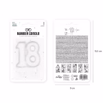 Ambalajul original blister al lumânării argintii numărul 18, prezentând dimensiunea pachetului de 15,5 cm x 9 cm și lățimea lumânării de 7,3 cm.