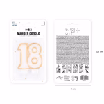 Ambalajul original blister al lumânării aurii numărul 18, prezentând dimensiunea pachetului (15,5 x 9 cm) și lățimea lumânării de 7,3 cm.