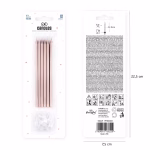 Ambalajul original tip blister al setului de 12 lumanari rose gold marca PartyPal, ilustrand suporturile separate si o schita cu dimensiunile pachetului.