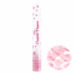 Tun Confetti Petale Trandafir Roz 40 cm Tub alb elegant pentru confetti inscriptionat cu litere roz si un cerc demonstrativ care arata continutul format din petale textile de trandafir roz.