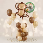 Aranjament vertical din baloane latex safari tiger chocolate brown si bej sustinand o figurina maimuta din folie si un balon rotund happy birthday