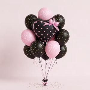 Buchet Din Baloane Format Dintr Un Balon Folie Inima Negru Cu Imprimeu Roz Si Zece Baloane Din Latex Cu Buline