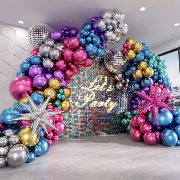 Decor de petrecere cu o arcada organica din baloane latex chrome in nuante vibrante accesorizata cu sfere disco si stele 4D in culorile argintiu si roz pe un fundal cu paiete