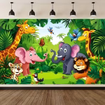 Mockup cu un background textil pentru panou foto cu tematica animale jungla ilustrand girafe elefanti un leu un pui de leopard pasari si frunze tropicale mari.