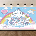 Background Textil Cinnamoroll Cod 805B Mockup cu un background textil pentru panou foto cu tematica Cinnamoroll Sanrio, ilustrand personajul Cinnamoroll pe un curcubeu pastelat si mesajul Happy Birthday.