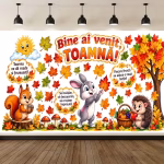 Background Textil Toamna Scoala Gradinita Cod 806B Mockup cu un background textil pentru panou foto cu tematica toamna, ilustrand animale de padure, un copac cu frunze aramii si mesaje educative pentru prescolari.