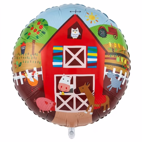 Balon rotund din folie decorat cu un hambar rosu si animale domestice precum vacuta calut porcusor si gaini intr un peisaj pitoresc de ferma