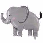 Balon din folie metalizata in forma de elefant gigant gri cu trompa ridicata si obrajori roz izolat pe fundal alb