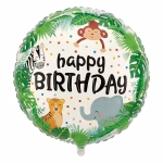 Balon rotund din folie metalizata cu mesajul happy birthday inconjurat de o maimuta o zebra un pui de leopard si un elefant printre frunze tropicale pe fundal deschis