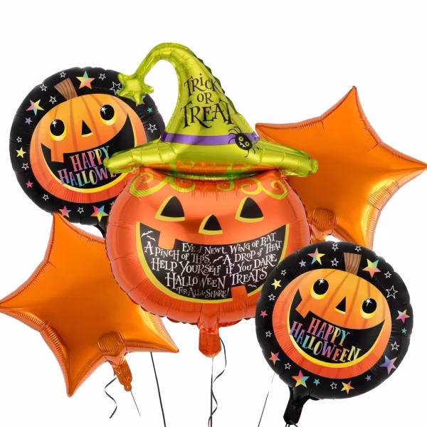 Set de 5 baloane din folie pentru Halloween format dintr o figurina mare dovleac cu palarie de vrajitoare doua stele portocalii si doua baloane rotunde cu imprimeu tematic