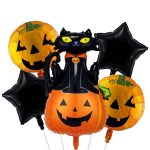 Set de 5 baloane din folie pentru Halloween format dintr o figurina mare reprezentand o pisica neagra asezata pe un dovleac zambitor doua stele negre si doua baloane rotunde cu chip de dovleac