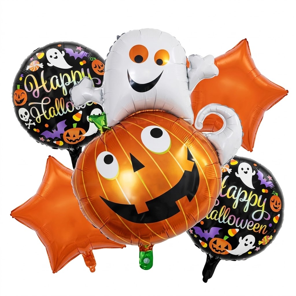 Set De 5 Baloane Din Folie Pentru Halloween Format Dintr O Figurina Mare Reprezentand O Fantoma Alba Iesind Dintr Un Dovleac Zambitor Doua Stele Portocalii Si Doua Baloane Rotunde Negre Cu Imprimeu Tematic Happy Halloween