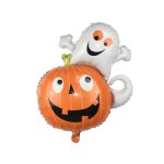 Set de 5 baloane din folie pentru Halloween format dintr o figurina mare reprezentand o fantoma alba iesind dintr un dovleac zambitor doua stele portocalii si doua baloane rotunde negre cu imprimeu tematic Happy Halloween