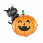 Set de 5 baloane din folie pentru Halloween format dintr o figurina mare reprezentand o pisica neagra asezata pe un dovleac zambitor doua stele negre si doua baloane rotunde mov cu imprimeu tematic