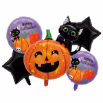 Set de 5 baloane din folie pentru Halloween format dintr o figurina mare reprezentand o pisica neagra asezata pe un dovleac zambitor doua stele negre si doua baloane rotunde mov cu imprimeu tematic