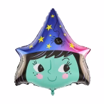 Set de 5 baloane din folie pentru Halloween format dintr o figurina cu chip de vrajitoare zambitoare doua stele negre si doua baloane rotunde cu imprimeu colorat tematic
