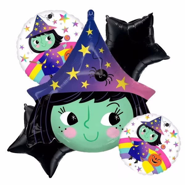 Set de 5 baloane din folie pentru Halloween format dintr o figurina cu chip de vrajitoare zambitoare doua stele negre si doua baloane rotunde cu imprimeu colorat tematic