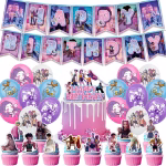 Set complet de 30 de piese pentru petrecere cu tematica K-pop Demon Hunters incluzand banner aniversar baloane din latex si toppere pentru prajituri