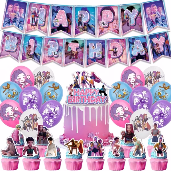 Set complet de 30 de piese pentru petrecere cu tematica K-pop Demon Hunters incluzand banner aniversar baloane din latex si toppere pentru prajituri