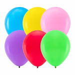 Set 50 Baloane Latex Mix Culori Standard 27 cm Un aranjament de sase baloane din latex in culorile albastru, galben, roz, mov, rosu si verde pe fundal alb.