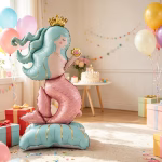 Balon sirena airwalker asezat langa o masa festiva cu tort si cadouri in nuante pastelate