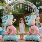 Fetita in rochie pastelata stand intre doua baloane sirena airwalker sub o arcada decorata cu meduze si pesti
