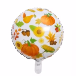 Balon rotund din folie cu tematica de toamna decorat cu imprimeu de dovleac floarea soarelui porumb si frunze pe un fundal alb luminos