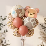 Buchet festiv format din 13 piese cu baloane ursulet din folie baloane rotunde labuta si baloane latex in nuante de claypink si desert sand