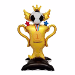 Balon din folie tip airwalker format dintr un trofeu auriu cu textul champion o minge de fotbal cu aripi si coroana pe o baza neagra