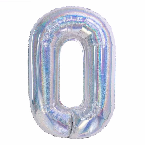 Balon din folie gigant cifra 0 argintiu holografic cu reflexii iridescente ideal pentru decoruri disco si umflare cu heliu