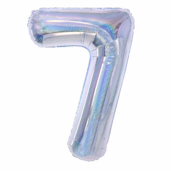 Balon din folie cifra 7 argintiu holografic de 100 centimetri perfect pentru a completa un decor de Revelion