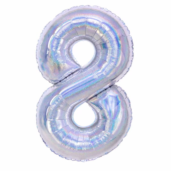 Balon gigant din folie cifra 8 argintiu holografic potrivit pentru a marca aniversari importante in stil disco