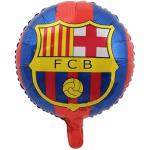 Balon Folie Fotbal FC Barcelona 45 cm Balon rotund din folie metalizata imprimat cu emblema oficiala a clubului de fotbal FC Barcelona pe un fundal in dungi rosu si albastru