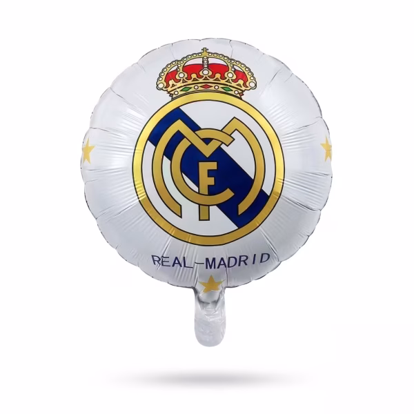Balon Folie Fotbal Real Madrid 45 cm Balon rotund din folie metalizata imprimat cu emblema oficiala a clubului de fotbal Real Madrid pe un fundal alb cu stele aurii