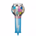 Balon din folie metalizata in forma de microfon avand maner albastru cu fulger alb si o parte superioara tip glob disco multicolor