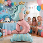 Balon sirena airwalker gigant la o petrecere de fete pe un fundal decorat cu elemente din tematica ocean