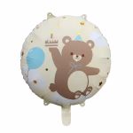 Balon rotund din folie cu fundal bej pastelat decorat cu un ursulet maro care tine un tort aniversar si un balon albastru izolat pe fundal alb
