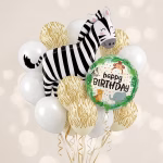 Buchet plutitor din baloane umflate cu heliu incluzand baloane latex safari tiger si albe impreuna cu baloanele din folie zebra si happy birthday