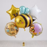 Set 5 Baloane Folie Albinuta Buchet Festiv Aranjament festiv format din 5 baloane din folie incluzand o figurina gigant albinuta stele aurii si albe plus baloane rotunde cu grafica.