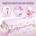 Prezentare generala a fetei de masa dreptunghiulare evidentiind suprafata impermeabila rezistenta la apa si imprimeul rafinat cu fluturi si trandafiri roz