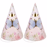 Set de coifuri de petrecere in forma de con pe fundal roz pastel, decorate cu un fluture central albastru cu margini aurii, o coroana aurie si motive florale la baza