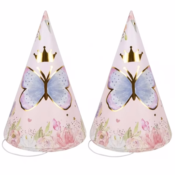 Set de coifuri de petrecere in forma de con pe fundal roz pastel, decorate cu un fluture central albastru cu margini aurii, o coroana aurie si motive florale la baza