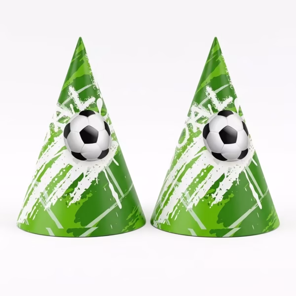 Set de coifuri de petrecere in forma de con cu design sportiv pe fundal verde decorat cu stropi de vopsea alba si o minge de fotbal in centru