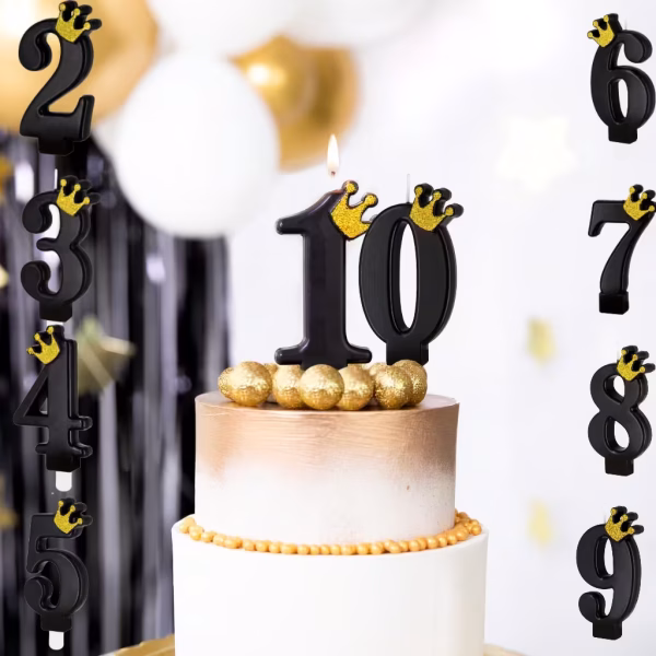 Lumanari Tort Negre Coronita Aurie Colectie completa de lumanari pentru tort in forma de cifre de la 0 la 9 de culoare neagra decorate cu o mini coronita aurie asezate in jurul unui tort festiv.