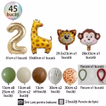 Schema detaliata a celor 45 de piese ale setului incluzand cifra 2 de 81 centimetri animalele din folie baloanele din latex colorate baloanele cu animal print baloanele de modelaj si accesoriile de prindere