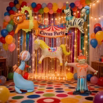 Decor spectaculos de petrecere cu tematica circ folosind baloane sub formă de animale ghirlande colorate si fundal cu lumini festive
