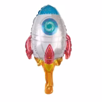 Balon din folie metalizata in forma de nava spatiala racheta cu design detaliat pe nuante de argintiu rosu si albastru izolat pe fundal alb