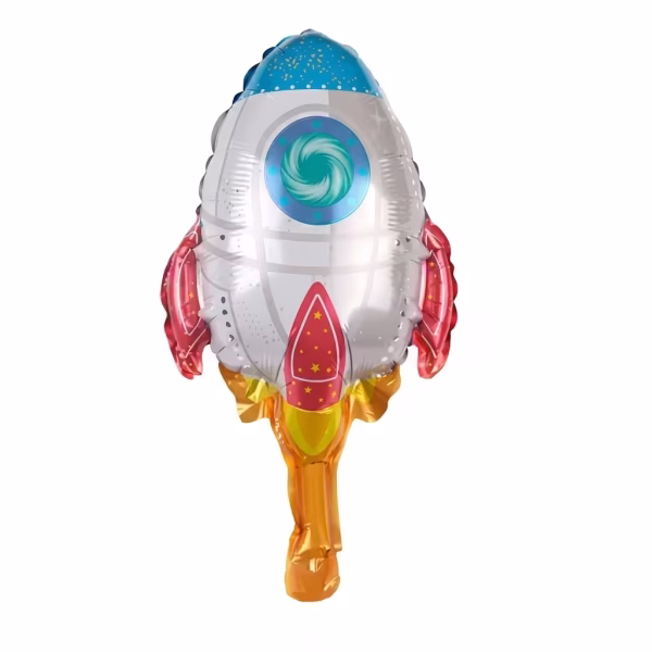 Balon din folie metalizata in forma de nava spatiala racheta cu design detaliat pe nuante de argintiu rosu si albastru izolat pe fundal alb