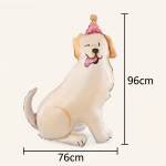 Reprezentare grafica a dimensiunilor pentru balonul in forma de caine bej indicand 96 centimetri inaltime si 76 centimetri latime